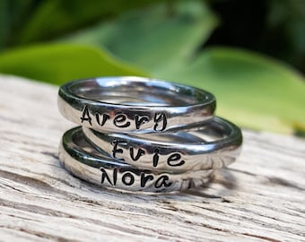 Stacking Name Rings, Personalized Ring For Mom, Stackable Rings, Mothers Rings, Gift for Mom, Silver Stacking Rings, Round Front Ring