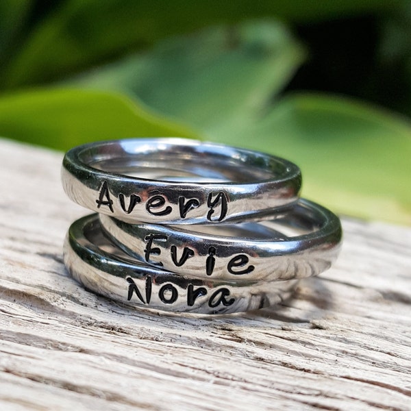 Stacking Name Rings, Personalized Ring For Mom, Stackable Rings, Mothers Rings, Gift for Mom, Silver Stacking Rings, Round Front Ring