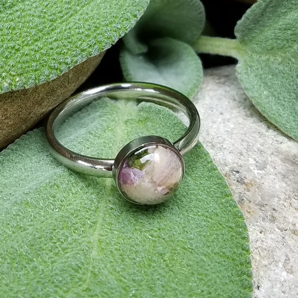Round STAINLESS STEEL Cabochon RING made from your preserved Wedding Memorial Flowers or Pet Cremains Fur Custom Bridal Funeral Keepsake