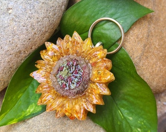 SUNFLOWER KEY RING made from your preserved Wedding or Memorial Flowers Pet Cremains or Fur Custom Bridal or Funeral Keepsake