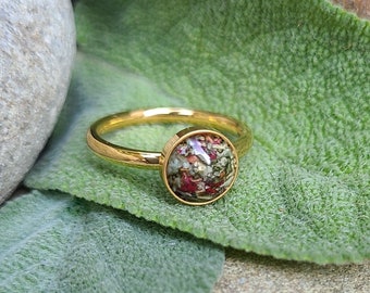 Round Gold Plated Cabochon RING made from your preserved Wedding Memorial Flowers or Pet Cremains Fur Custom Bridal Funeral Keepsake