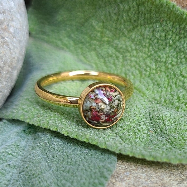 Round Gold Plated Cabochon RING made from your preserved Wedding Memorial Flowers or Pet Cremains Fur Custom Bridal Funeral Keepsake