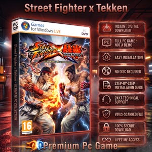 Op de afbeelding: Een pc-dvd-gamehoes voor Street Fighter x Tekken Ultimate PC Collection met Ryu en Kazuya in een vechthouding. De hoes bevat het Games for Windows Live-logo en een PEGI 16-beoordeling. Een zijbalk vermeldt functies zoals directe digitale download, volledige pc-game, eenvoudige installatie, geen schijf vereist, installatiehandleiding, technische ondersteuning, virusgescand bestand, veilige download en levenslange toegang.