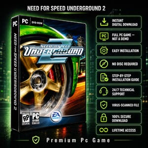 Op de afbeelding: Een Need for Speed Underground 2 pc-gamehoes met een afbeelding van een groen autowiel. De rechterkant bevat functies zoals directe digitale download, volledige pc-game, eenvoudige installatie, geen schijf vereist en beveiligde toegang.