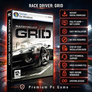 以下が含まれることがあります： 白いスポーツカーが描かれたRace Driver: GridのPCゲームケース。12歳以上の対象年齢表示があり、即時デジタルダウンロード、簡単なインストール、ディスク不要、生涯アクセスなどの機能リストが暗い背景に記載されています。