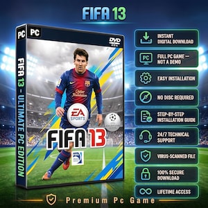 Può includere: Una custodia per gioco PC FIFA 13 con Lionel Messi che indossa la maglia blu e rossa del FC Barcelona sulla copertina. La confezione include il logo EA Sports, l'emblema della Champions League e un elenco di funzioni come il download digitale.