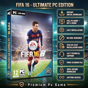 May include: FIFA 16 Ultimate PC Edition game case featuring a soccer player in a blue and red jersey on the cover. The box displays the EA Sports logo, a PEGI 12 rating, and a list of features including instant digital download and no disc required.
