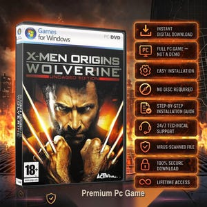 Könnte beinhalten: Eine PC-DVD-Spielehülle für X-Men Origins Wolverine Uncaged Edition mit einem Porträt von Wolverine und ausgefahrenen Krallen. Rechts befindet sich eine vertikale Liste orange umrandeter Boxen mit Texten wie Instant Digital Download und 100% Secure Download.