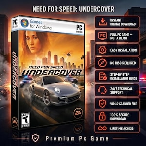 Może przedstawiać: Pudełko z grą PC Need for Speed: Undercover przedstawiające srebrny samochód sportowy, panoramę miasta i twarz. Na opakowaniu znajduje się logo Games for Windows, klasyfikacja ESRB Teen oraz logo EA. Lista funkcji obejmuje pobieranie cyfrowe.