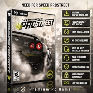 Puede incluir: Una caja de juego Need for Speed ProStreet para PC DVD-ROM con un coche negro, luces traseras rojas y humo. La portada muestra el título del juego, una clasificación ESRB Everyone 10+ y el logo de EA. Una lista de características incluye descarga digital instantánea.