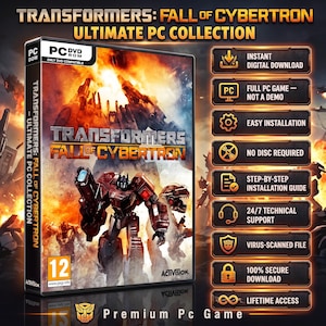 May include: Transformers: Fall of Cybertron Ultimate PC Collection game case featuring a red and black robot character against an orange explosion background. The case includes a PEGI 12 rating and lists features like instant digital download.