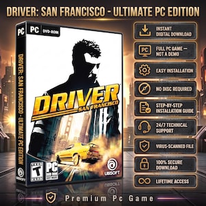 Puede incluir: Caja del juego Driver: San Francisco - Ultimate PC Edition con un coche amarillo en la portada, el logotipo de Ubisoft y una clasificación ESRB Teen. El lado derecho enumera funciones como descarga digital instantánea y acceso de por vida.