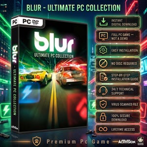 Op de afbeelding: Een Blur Ultimate PC Collection gamehoes met een gele en zilveren auto op een weg met neon stadslichten. Aan de rechterkant staan kenmerken zoals directe digitale download, volledige pc-game, eenvoudige installatie en levenslange toegang.