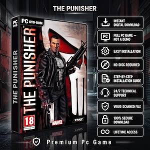 Puede incluir: Una caja de juego PC DVD-ROM de The Punisher con un personaje en gabardina negra con un emblema de calavera sosteniendo un rifle. La portada incluye el logo de Marvel, la marca THQ y una clasificación de edad 18. Se muestra una lista de funciones.