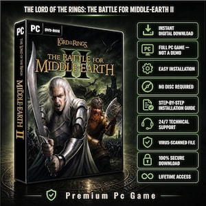 Può includere: Custodia per gioco PC The Lord of the Rings: The Battle for Middle-Earth II con un elfo e un nano in battaglia. A destra sono elencate le caratteristiche: download digitale istantaneo, gioco completo, installazione facile, nessun disco richiesto, guida all'installazione, supporto tecnico 24/7, file scansionato, download sicuro e accesso a vita.