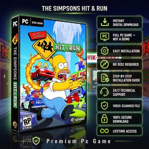 Op de afbeelding: PC-gamehoes van The Simpsons Hit & Run met Homer Simpson die voor een rode auto en een politievoertuig rent. De hoes bevat de speltitel, het Sierra-logo en een ESRB RP-beoordeling. Een lijst met kenmerken zoals directe download is zichtbaar.