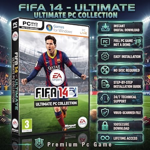 Può includere: Una custodia per il gioco FIFA 14 Ultimate PC Collection con un calciatore in maglia rossa e blu sulla copertina. La confezione mostra il logo EA Sports, una classificazione PEGI 3 e un elenco di funzionalità tra cui download digitale e accesso.
