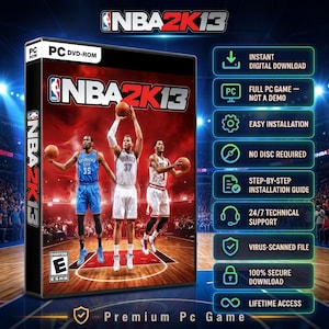 Pode incluir: A caixa do jogo NBA 2K13 para PC DVD-ROM apresenta três jogadores de basquete em ação na capa. A arte da caixa exibe o título, a classificação ESRB E e uma lista de recursos digitais, incluindo download instantâneo, instalação fácil e acesso vitalício.