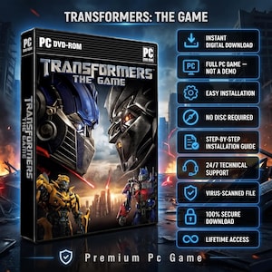 Może przedstawiać: Pudełko PC DVD-ROM z grą Transformers: The Game z Optimusem Prime i Megatronem na okładce. Po prawej stronie znajduje się lista funkcji, w tym natychmiastowe pobieranie cyfrowe, pełna wersja gry na PC, łatwa instalacja i dożywotni dostęp.