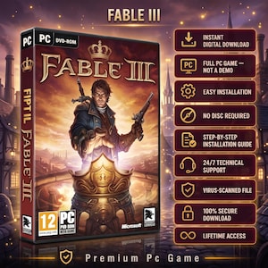 Puede incluir: Caja del juego para PC Fable III con un personaje que sostiene una espada y una pistola sobre una corona dorada. El lado derecho enumera características como descarga digital instantánea, juego completo, instalación fácil y acceso de por vida.
