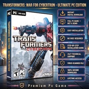 Pode incluir: Uma caixa de jogo Transformers: War for Cybertron Ultimate PC Edition com um robô vermelho e azul. A capa exibe o título, o logotipo da Activision e a classificação Teen. Uma lista de recursos inclui download digital instantâneo, jogo completo para PC, instalação fácil, sem necessidade de disco, guia de instalação, suporte técnico, arquivo verificado, download seguro e acesso vitalício.