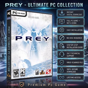 May include: A Prey Ultimate PC Collection game case featuring a white cover with a blue crystalline bird graphic, the text We are next, and the Prey logo. The side panel lists features including instant digital download and lifetime access.