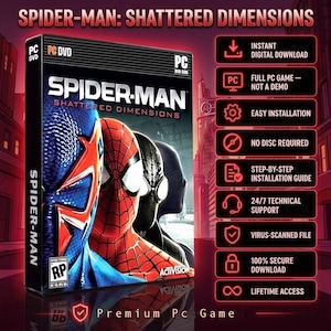Puede incluir: Una caja de juego para PC DVD de Spider-Man: Shattered Dimensions con tres versiones del personaje en trajes azul, rojo y negro. El lado derecho enumera características que incluyen descarga digital instantánea, fácil instalación y acceso de por vida.