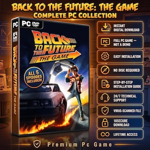 Puede incluir: Caja de software Back to the Future: The Game Complete PC Collection con un personaje junto a un DeLorean con llamas. La caja incluye texto que indica que los 5 episodios están incluidos y enumera funciones como la descarga digital instantánea.