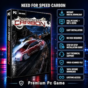Puede incluir: Una caja de juego para PC Need for Speed Carbon con un coche deportivo rojo derrapando en una carretera de montaña oscura. La portada muestra el título del juego y la etiqueta DVD-ROM. A la derecha, una lista de características incluye descarga digital instantánea, juego completo para PC, instalación fácil, sin necesidad de disco, guía de instalación, soporte técnico, archivo escaneado contra virus, descarga segura y acceso de por vida.