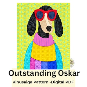 Puede incluir: Una ilustración digital de un perro con gafas de sol rojas y un suéter multicolor con secciones en rosa, amarillo, azul y morado. El fondo es un patrón hexagonal verde lima. El texto dice: Outstanding Oskar Kinusaiga Pattern -Digital PDF.