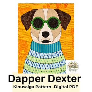 Puede incluir: Un patrón digital PDF Kinusaiga titulado Dapper Dexter que muestra a un perro con gafas de sol redondas verdes y un suéter con estampado azul y verde sobre un fondo naranja. El perro tiene orejas marrones y una cara blanca con nariz negra.