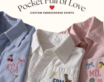 Custom Embroidered Button Down Shirt, Personalized Icon Shirt, Monogram Pocket Shirt, Custom Embroidery Gift, Thrifted Shirt