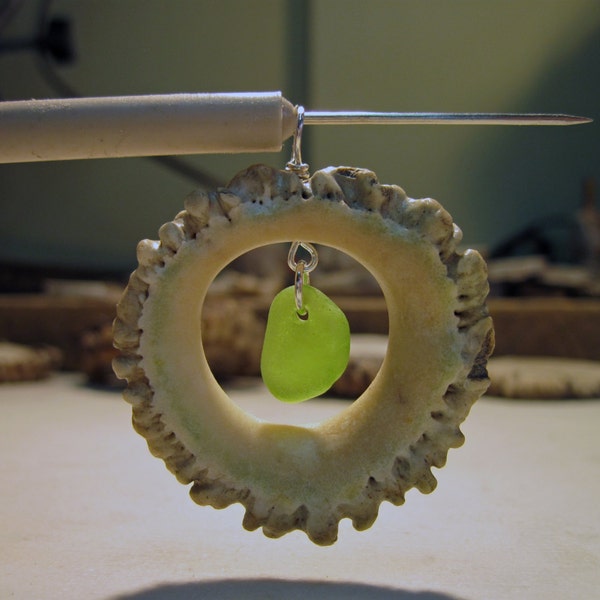 Forest To Sea. Beautiful aged naturally shed "button" from a deer antler, carved, shaped, and polished, silver wire with sea glass dangle.