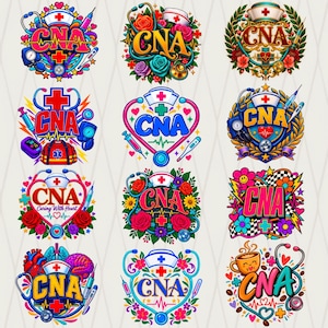 Pode incluir: Uma coleção de doze designs gráficos coloridos com o acrônimo CNA, incorporando símbolos médicos como estetoscópios, toucas de enfermeira, seringas, termômetros, corações, flores e órgãos anatômicos em vários estilos artísticos.