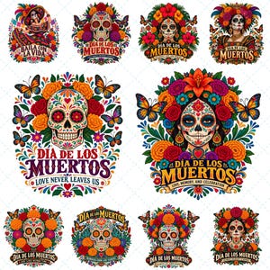 Puede incluir: Una colección de doce coloridas ilustraciones digitales que presentan calaveras de azúcar, arreglos florales, mariposas y figuras con maquillaje facial, incorporando el texto Día de los Muertos y varias frases en inglés.