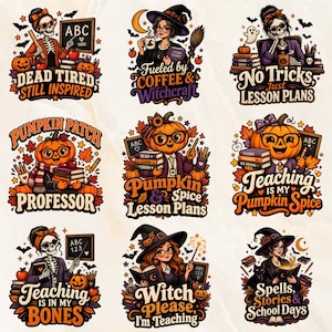 Puede incluir: Una colección de nueve pegatinas gráficas con temas de profesores, esqueletos, brujas, calabazas y libros. Cada pegatina incluye textos como Dead Tired Still Inspired, Fueled by Coffee & Witchcraft, No Tricks Just Lesson Plans, Pumpkin Patch Professor, Pumpkin & Spice Lesson Plans, Teaching is My Pumpkin Spice, Teaching is in My Bones, Witch Please I'm Teaching y Spells, Stories & School Days.