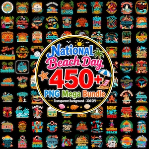 Peut inclure: Une collection numérique de plus de 450 designs graphiques sur le thème de la plage avec des palmiers, des coquillages, des soleils et des vagues. Le graphique central affiche le texte National Beach Day 450+ PNG Mega Bundle avec un transat.