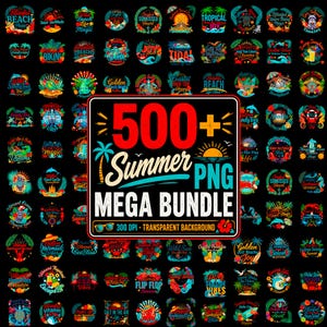 Peut inclure: Une collection numérique de plus de 500 designs graphiques PNG sur le thème de l'été, avec des illustrations vibrantes de palmiers, plages, créatures marines et motifs tropicaux, autour d'un panneau 500+ Summer PNG MEGA BUNDLE.