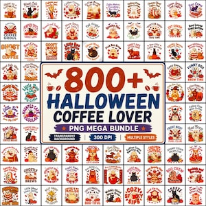 Può includere: Una collezione digitale di oltre 800 grafiche a tema Halloween e caffè con fantasmi, gatti e zucche, che include il testo 800+ HALLOWEEN COFFEE LOVER PNG MEGA BUNDLE, 300 DPI e TRANSPARENT BACKGROUND in arancione, blu e bianco.
