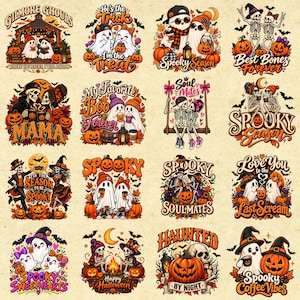 Peut inclure: Une collection de seize illustrations graphiques sur le thème d'Halloween représentant des fantômes, des squelettes, des citrouilles et des chauves-souris. Chaque motif inclut des textes festifs comme Gilmore Ghouls, Spooky Season et Soul Mates.