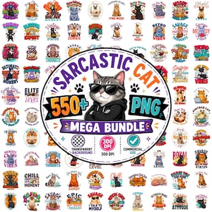May include: A digital graphic bundle featuring a central illustration of a grey tabby cat wearing black sunglasses and a hoodie, surrounded by numerous smaller circular cat-themed designs with various humorous text and colourful illustrations.