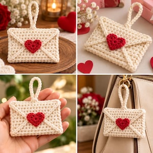 May include: A cream-coloured crochet envelope ornament featuring a small red heart centred on the front flap and a matching cream-coloured loop at the top for hanging. The envelope is constructed with a textured stitch pattern and a triangular flap.