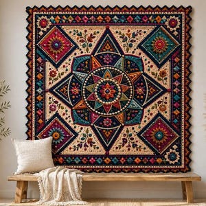 Peut inclure: Une grande tenture murale rectangulaire en crochet multicolore présentant un motif central de mandala avec des détails floraux et géométriques complexes dans des tons bleu profond, magenta, sarcelle, orange et crème, avec une bordure festonnée.