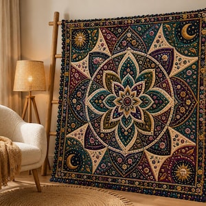 May include: A rectangular quilt featuring a central mandala pattern in deep shades of teal, purple, and gold. The design includes sun and moon motifs in the corners, intricate floral details, and a dark border finished with small pom-pom trim.