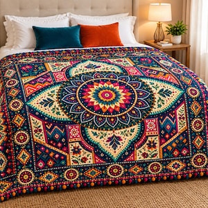 Könnte beinhalten: Eine rechteckige Tagesdecke mit dunkelblauer Basis und einem lebendigen, mehrfarbigen Mandalamuster in der Mitte. Das Design umfasst geometrische Formen, florale Motive und eine kleine Bommelborte an den Rändern in Rot-, Gelb- und Petroltönen.