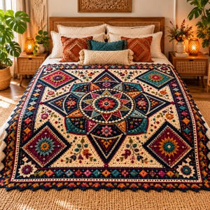May include: A large, rectangular crochet blanket featuring a central mandala design with intricate floral motifs, geometric shapes, and a vibrant color palette of deep blue, magenta, orange, and cream, finished with a scalloped edge.