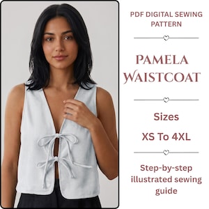 Könnte beinhalten: Eine hellblaue ärmellose Weste mit tiefem V-Ausschnitt und zwei Bindebändern vorne. Der Text lautet: PDF DIGITAL SEWING PATTERN, PAMELA WAISTCOAT, Sizes XS To 4XL, Step-by-step illustrated sewing guide.
