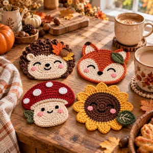 May include: Four crocheted coasters featuring smiling faces: a brown hedgehog with an acorn, an orange fox with a green leaf, a red mushroom with white spots, and a yellow sunflower with a green leaf, all arranged on a wooden surface.