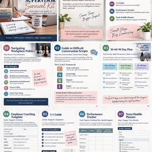 Puede incluir: El New Supervisor Survival Kit es una guía digital que incluye siete secciones: Navigating Workplace Politics, Guide to Difficult Conversation Scripts, 30-60-90 Day Plan, Employee Coaching Template, 1:1 Guide, Performance Tracker y Team Huddle Planner.