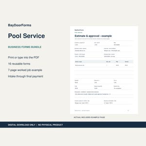 Puede incluir: Un paquete de formularios comerciales digitales para empresas de servicio de piscinas, que presenta un documento blanco titulado Estimate & approval - example con campos para detalles del cliente, alcance del trabajo y pagos.